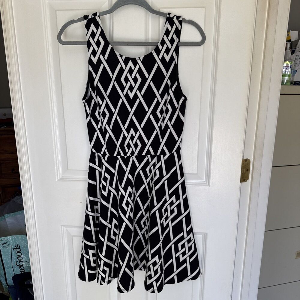 Alya Geometric Black and White Dress size Large fit and flare waffle knit